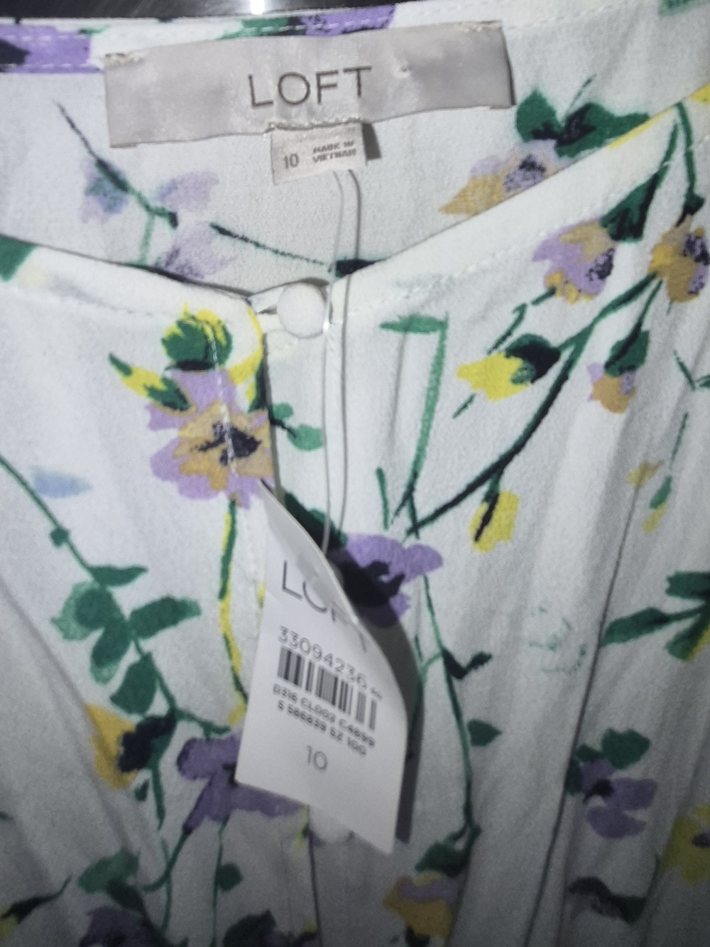 LOFT White Floral Button-Front Dress with Purple and Yellow Blooms - Picture 4 of 7